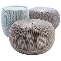 Keter Urban Knit Pouf Ottoman Set of 2 with Storage Table for Patio and Room Décor-Perfect for Balcony, Deck, and Outdoor Seating, Dune/Misty Blue