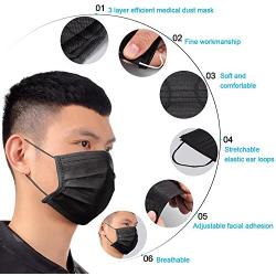 TecUnite 100 Pack Disposable Face Breathable Dust Filter Mouth Cover Masks with Elastic Ear Loop (Black), one Size