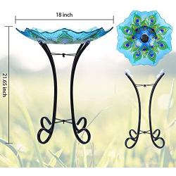 MUMTOP Outdoor Glass Birdbath Solar Birdbaths with Metal Stand for Lawn Yard Garden Peacock Decor,18” Dia21.65 Height