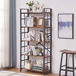 OIAHOMY Industrial Bookshelf，5-Tier Vintage Bookcase and Bookshelves，Rustic Wood and Metal Shelving Unit，Display Rack and Storage Organizer for Living Room, Rustic Brown