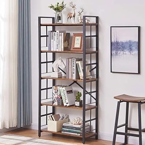 OIAHOMY Industrial Bookshelf,5-Tier Vintage Bookcase and Bookshelves,Rustic Wood and Metal Shelving Unit,Display Rack and Storage Organizer for Living Room, Rustic Brown OIAHOMY Industrial Bookshelf,5-Tier Vintage Bookcase and Bookshelves,Rustic Wood and Metal Shelving Unit,Display Rack and Storage Organizer for Living Room, Rustic Brown