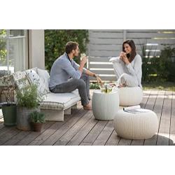 Keter Urban Knit Pouf Ottoman Set of 2 with Storage Table for Patio and Room Décor-Perfect for Balcony, Deck, and Outdoor Seating, Grey & White