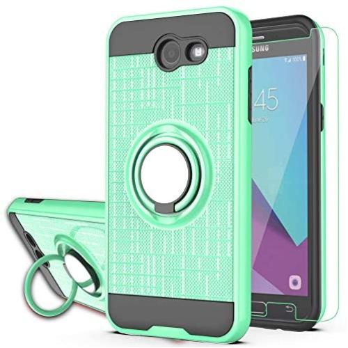 Galaxy J3 Emerge/J3 Eclipse/J3 Prime/J3 Mission/Luna Pro/Sol 2/Express Prime 2 Case with HD Screen Protector,YmhxcY 360 Degree Rotating Ring & Bracket Back Cover for Samsung J3 2017-ZH Mint