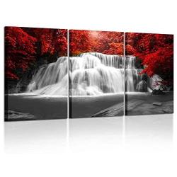 Kreative Arts Black White and Red Canvas Wall Art 3 Pieces Red Woods Waterfall Canvas Print Landscape Paintings Framed Picture for Office and Home Décor Ready to Hang 16x24inchx3pcs