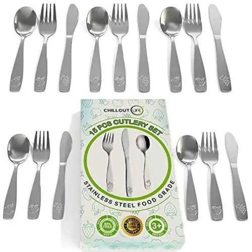 15 Piece Stainless Steel Kids Silverware Set - Child and Toddler Safe Flatware - Kids Utensil Set - Metal Kids Cutlery Set Includes 5 Small Kids Spoons, 5 Forks & 5 Knives 15 Piece Stainless Steel Kids Silverware Set - Child and Toddler Safe Flatware - Kids Utensil Set - Metal Kids Cutlery Set Includes 5 Small Kids Spoons, 5 Forks & 5 Knives
