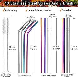 POLIGO 13 Pieces Stainless Steel Straws Set with case - Reusable Metal Drinking Straws for 20 oz Tumblers Yeti (4 Curved + 4 Straight + 2 Large + 2 Brushes) - Ideal Choice for Kitchen, Bar and Picnic