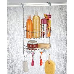 mDesign Modern Metal Wire Over The Bathroom Shower Door Caddy, Hanging Storage Organizer Center with Built-in Hooks and Baskets for Stall/Tub, Holds Shampoo, Body Wash, Loofahs, Razors - Chrome/White