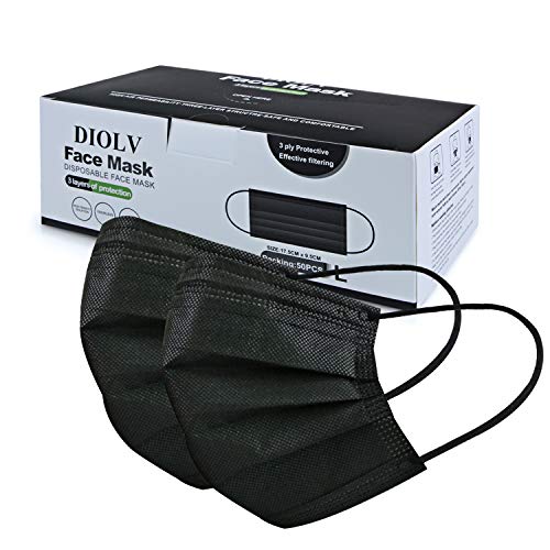 DIOLV Disposable Face Mask Adult 3 Layer Filtration, Mens Breathable Protection Facemask Safety Dust Filter Womens Protective Facial Masks for Indoor Outdoor 50Pcs/Pack, Earloop Black