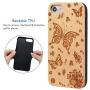 iProductsUS Wood Phone Case Compatible with iPhone SE (2020), iPhone 8, 7, 6/6S and Magnetic Mount, Engraved Butterflies and Flowers, Built-in Metal Plate, TPU Protective Cover (4.7 inch)