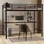 Twin Metal Loft Bed with Desk, Twin Size Bunk Bed with Bilateral Ladders, Guardrails, Desk and Bookcase, Space-Saving Loft Bed with Keyboard Tray for Boys & Girls Teens