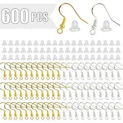 600PCS 925 Hypo-allergenic Earring Hooks with 150 PCS Silver,150 PCS Gold Earring Hooks and 300 PCS Soft Clear Bullet Earring Backs for DIY Making