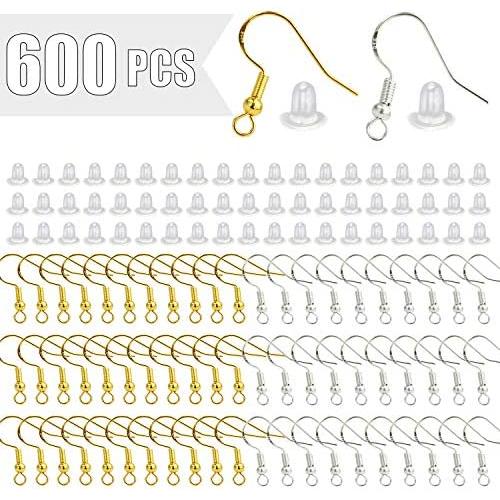 600PCS 925 Hypo-allergenic Earring Hooks with 150 PCS Silver,150 PCS Gold Earring Hooks and 300 PCS Soft Clear Bullet Earring Backs for DIY Making