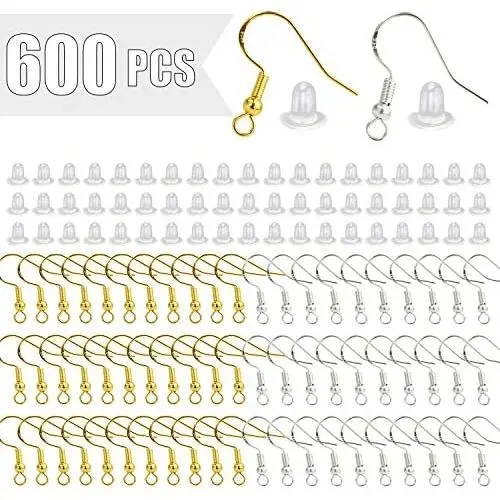 600PCS 925 Hypo-allergenic Earring Hooks with 150 PCS Silver,150 PCS Gold Earring Hooks and 300 PCS Soft Clear Bullet Earring Backs for DIY Making
