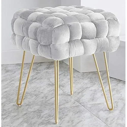 Ornavo Home Mirage Modern Contemporary Square Woven Upholstered Velvet Ottoman with Gold Metal Legs - Silver Ornavo Home Mirage Modern Contemporary Square Woven Upholstered Velvet Ottoman with Gold Metal Legs - Silver