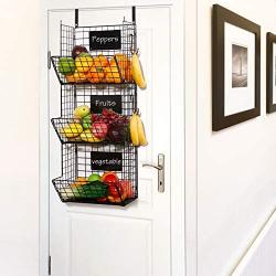 3 Tier Hanging Wire Basket - Wall Mounted Storage Bins for Pantry with Removable Chalkboards, Kitchen Fruit and Vegetable Storage Baskets, Metal Shelves Pantry Organization Containers Rack Produce Bin