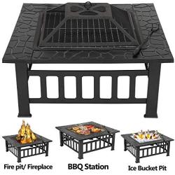 LEMY 32 inch Outdoor Square Metal Firepit Backyard Patio Garden Stove Wood Burning BBQ Fire Pit with Rain Cover, Faux-Stone Finish