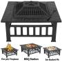 LEMY 32 inch Outdoor Square Metal Firepit Backyard Patio Garden Stove Wood Burning BBQ Fire Pit with Rain Cover, Faux-Stone Finish