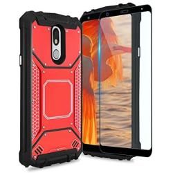 TJS Phone Case Compatible with LG Stylo 4 2018/Stylo 4 Plus/Q Stylus/Q Stylus Plus/Q Stylus Alpha, [Full Coverage Tempered Glass Screen Protector] Aluminum Magnetic Support Metal Plate Back (Red)