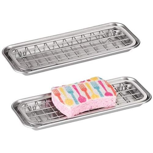 mDesign Metal 2-Piece Sink Tray Caddy for Kitchen Countertops - Removable Grid Insert for Sponges, Scrubbers, Bar Soap, Cleaning Tools - Drainage Grid with Tray - 2 Pack - Brushed Stainless Steel