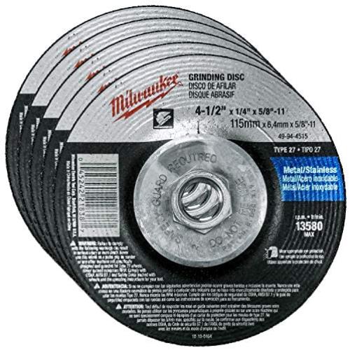 Milwaukee 5 Pack - 4 1 2 Hubbed Grinding Wheel for Grinders - Aggressive Grinding for Metal & Stainless Steel - 4-1/2'' x 1/4 x 5/8-Inch | 11 UNC | Depressed