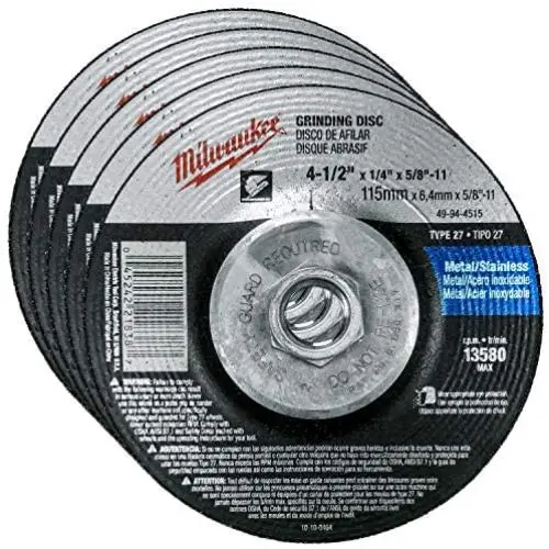 Milwaukee 5 Pack - 4 1 2 Hubbed Grinding Wheel for Grinders - Aggressive Grinding for Metal & Stainless Steel - 4-1/2'' x 1/4 x 5/8-Inch | 11 UNC | Depressed Milwaukee 5 Pack - 4 1 2 Hubbed Grinding Wheel for Grinders - Aggressive Grinding for Metal & Stainless Steel - 4-1/2'' x 1/4 x 5/8-Inch | 11 UNC | Depressed