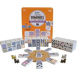 Regal Games Double 15 Colored Dot Dominoes Mexican Train Game Set with Wooden Hub, 136 Domino Tiles, 8 Metal Trains, and Collectors Tin