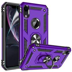 iPhone XR Case with HD Screen Protector, Gritup 360 Degree Rotating Metal Ring Holder Kickstand Armor Anti-Scratch Bracket Cover Case for Apple iPhone XR 6.1 inch Purple