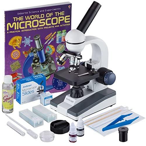 AmScope 40X-1000X Cordless Student Microscope with Slide Preparation Kit and World of The Microscope Book M150C-SP14-CLS-50P100S-WM