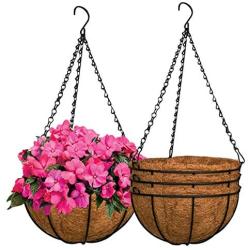 ZeeDix Metal Hanging Basket with Coconut Coir Liner- Coconut Coir Liner with Black Chain for Porch Pots Hanger, Indoor Outdoor Plant Flower Pot, Garden Decorations (12in)