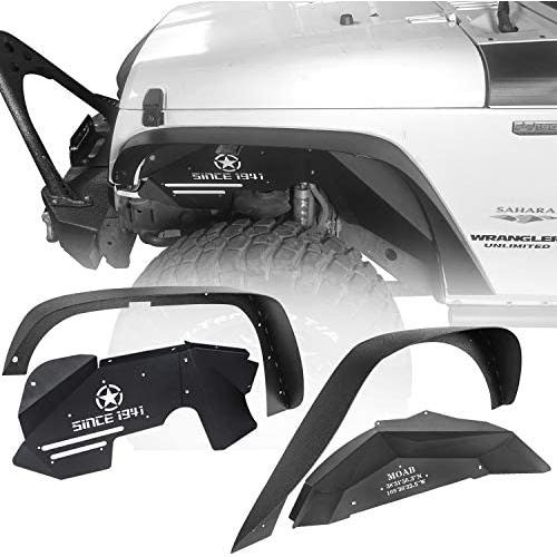 Hooke Road Wrangler JK Fender Flares + Inner Fender Liners Front & Rear Kit Compatible with Jeep Wrangler JK & Unlimited 2007-2018 2/4 Doors
