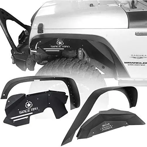 Hooke Road Wrangler JK Fender Flares + Inner Fender Liners Front & Rear Kit Compatible with Jeep Wrangler JK & Unlimited 2007-2018 2/4 Doors