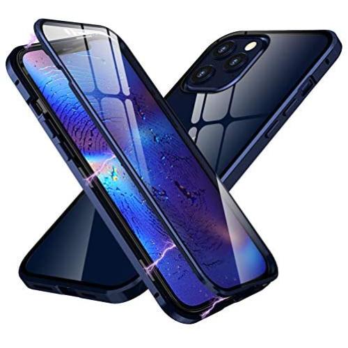 HENGHUI Case Compatible with iPhone 12 Pro Case iPhone 12 Clear Glass Magnetic Case ，Aluminum Metal Bumper Full-Body Protecive Cover Built-in Screen Protector (Blue)