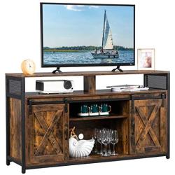 VINGLI Farmhouse TV Stand with Sliding Barn Doors for TVs up to 55'' Flat Screen, Rustic Entertainment Center Media Console Table Cabinet w/Adjustable Shelves (Rustic Brown)