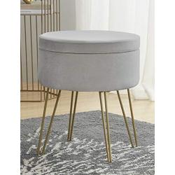 Ornavo Home Modern Round Velvet Storage Ottoman Foot Rest Stool/Seat with Gold Metal Legs & Tray Top Coffee Table - Silver