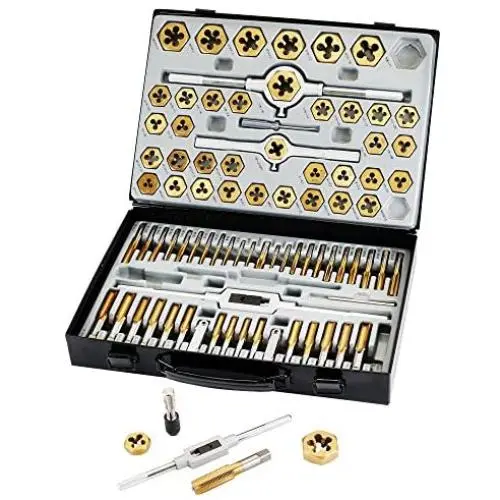 Muzerdo 86 Piece Tap and Die Set Bearing Steel Sae and Metric Tools, Titanium Coated with Metal Carrying Case Muzerdo 86 Piece Tap and Die Set Bearing Steel Sae and Metric Tools, Titanium Coated with Metal Carrying Case