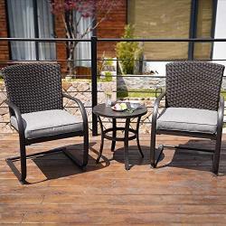 Grand patio 3 Piece Outdoor Bistro Set,Resin Wicker Patio Spring Chair and Metal Table, Furniture Set with Grey Cushion