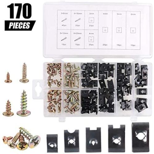 170Pcs Auto Car U-Clip U Nut and Screw Assortment Kit for Dash Door Panel Interior SAE