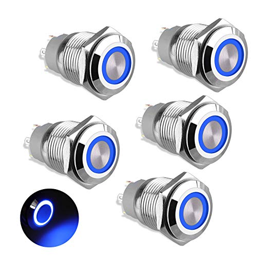 Linkstyle Latching Push Button Switch 5Pcs 12V 24V with Blue LED, Waterproof 4 Pin Metal ON/PFF SPDT Switch for 19mm 3/4'' Mounting Hole