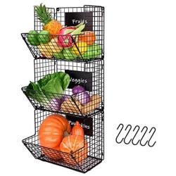 X-cosrack Metal Wire Basket Wall Mount, 3 Tier Wall Storage Basket Organizer with Hanging Hooks Chalkboards, Rustic Kitchen Fruit Produce Bin Rack Bathroom Tower Baskets (Black)