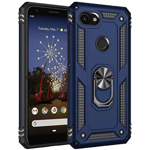 Military Grade Drop Impact for Google Pixel 3A XL Case 360 Metal Rotating Ring Kickstand Holder Magnetic Car Mount Armor Shockproof Cover for Google Pixel 3A XL Protection Case (Blue)