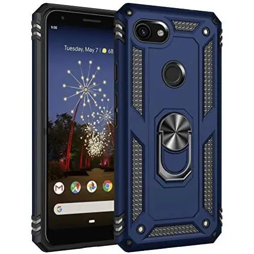 Military Grade Drop Impact for Google Pixel 3A XL Case 360 Metal Rotating Ring Kickstand Holder Magnetic Car Mount Armor Shockproof Cover for Google Pixel 3A XL Protection Case (Blue)