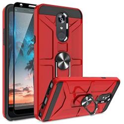 TJS Phone Case Compatible with LG Aristo 4,Aristo 4 Plus +,Escape Plus,K30 2019,Arena 2,X2 2019,Tribute Royal, [Full Coverage Tempered Glass Screen Protector] Metal Ring Magnetic Support (Red)