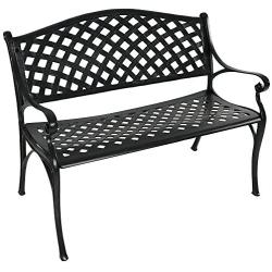 Sunnydaze Outdoor Patio Bench - Black Checkered Design - Durable Cast Aluminum Metal - 2-Person Seating - Outdoor Garden Bench - Patio Decor Seating - Front Porch Furniture - Entryway Bench