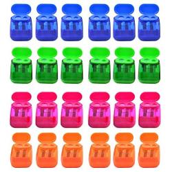 AUSTARK 24Pcs Pencil Sharpener Manual, AUSTARK Assorted Color Small Dual Hole Pencil Sharpeners with Lid for School Office Home (Geometry)