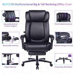 REFICCER Big and Tall Reclining Leather Office Chair, Metal Base High Back Executive Computer Desk Chair with Adjustable Lumbar Support, Angle Recline Locking System and Footrest, Black