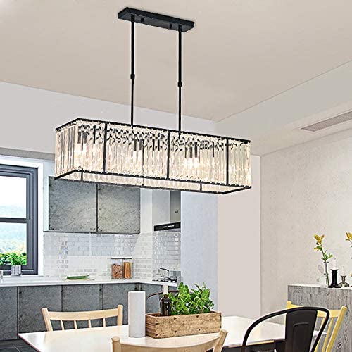 BAYCHEER Modern K9 Clear Crystal Rectangle Island Dining Room Chandelier Lighting Ceiling Light Fixture Pendant Hanging Lamp for Dining Room Bedroom Livingroom 3 Lights Black Finish