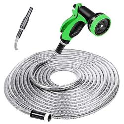 SPECILITE Heavy Duty 304 Stainless Steel Garden Hose 75ft, Outdoor Metal Water Hoses with Nozzle & 10 Pattern Spray Nozzle for Never Kink & Tangle, Puncture Resistant, Flexible, Portable