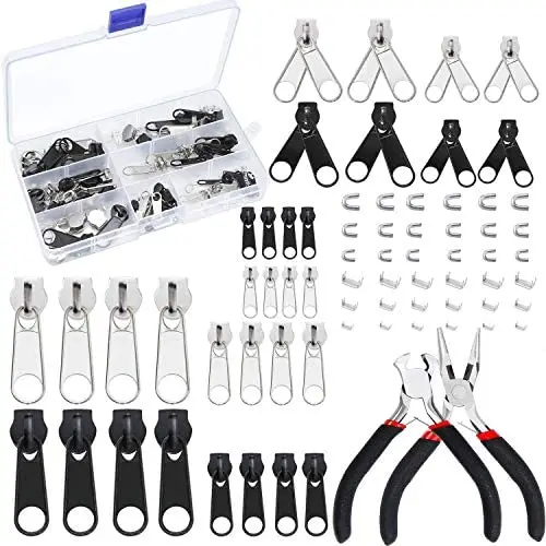 Aneco 171 Pieces Zipper Repair Kit Zipper Replacement Accessories Zipper Install Pliers Tool with Container Storage, Silver and Black Aneco 171 Pieces Zipper Repair Kit Zipper Replacement Accessories Zipper Install Pliers Tool with Container Storage, Silver and Black