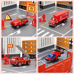 CUTE STONE 28 in 1 Fire Trucks Push and Go Car Carrier Truck Toy, Play Vehicles with Sounds and Lights, 10 Mini Diecast Trucks Included