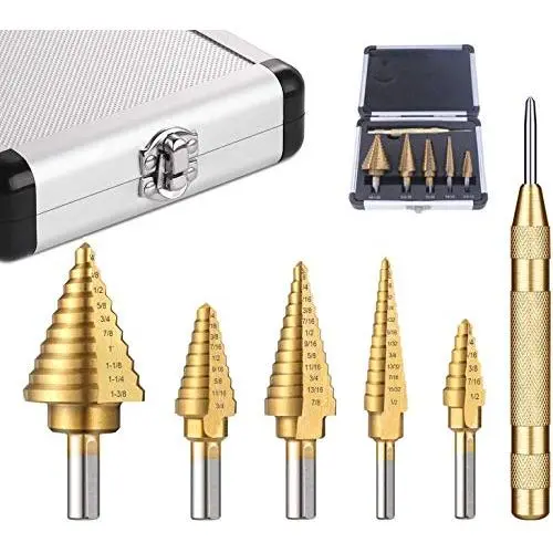 6 pcs Titanium Step Drill Bits Set and Automatic Center Punch - High-Speed Metal Steel Drill Double Side, Hss Cobalt Multiple Hole 50 Sizes with Aluminum Case 6 pcs Titanium Step Drill Bits Set and Automatic Center Punch - High-Speed Metal Steel Drill Double Side, Hss Cobalt Multiple Hole 50 Sizes with Aluminum Case